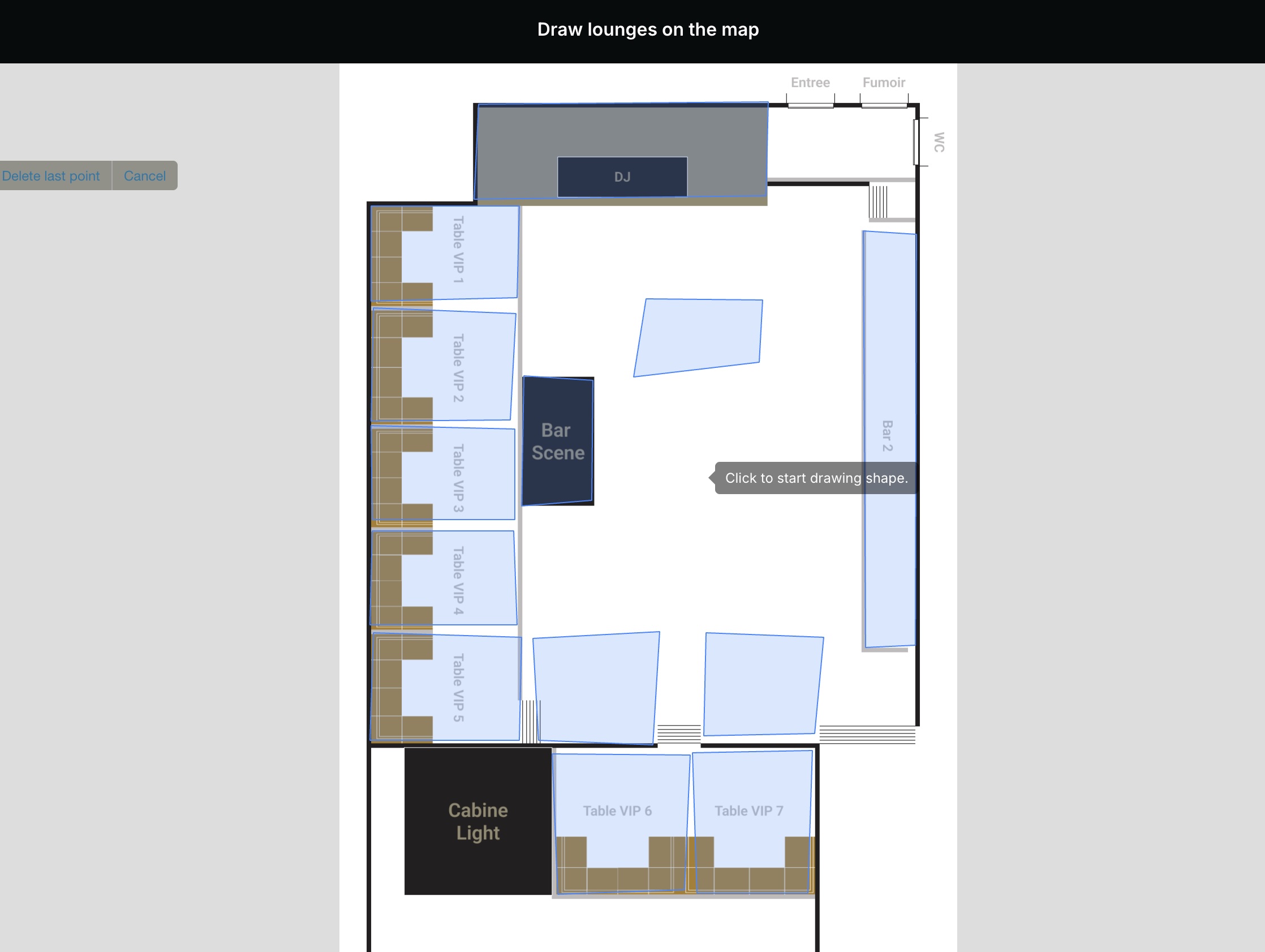 Clubloungery owner dashboard: clubs upload a floorplan and draw their bookable lounges as polygons