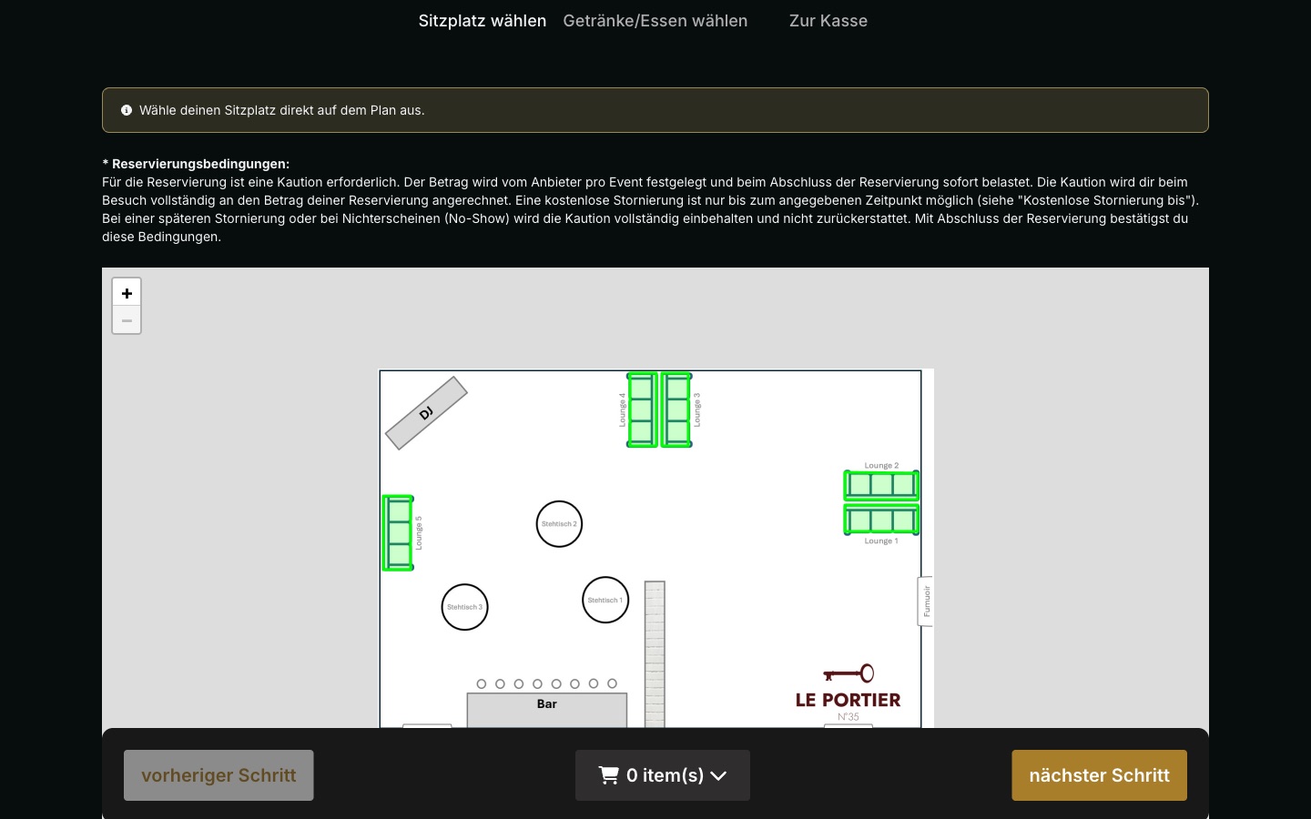 Clubloungery: guests select their lounge directly on the club floorplan