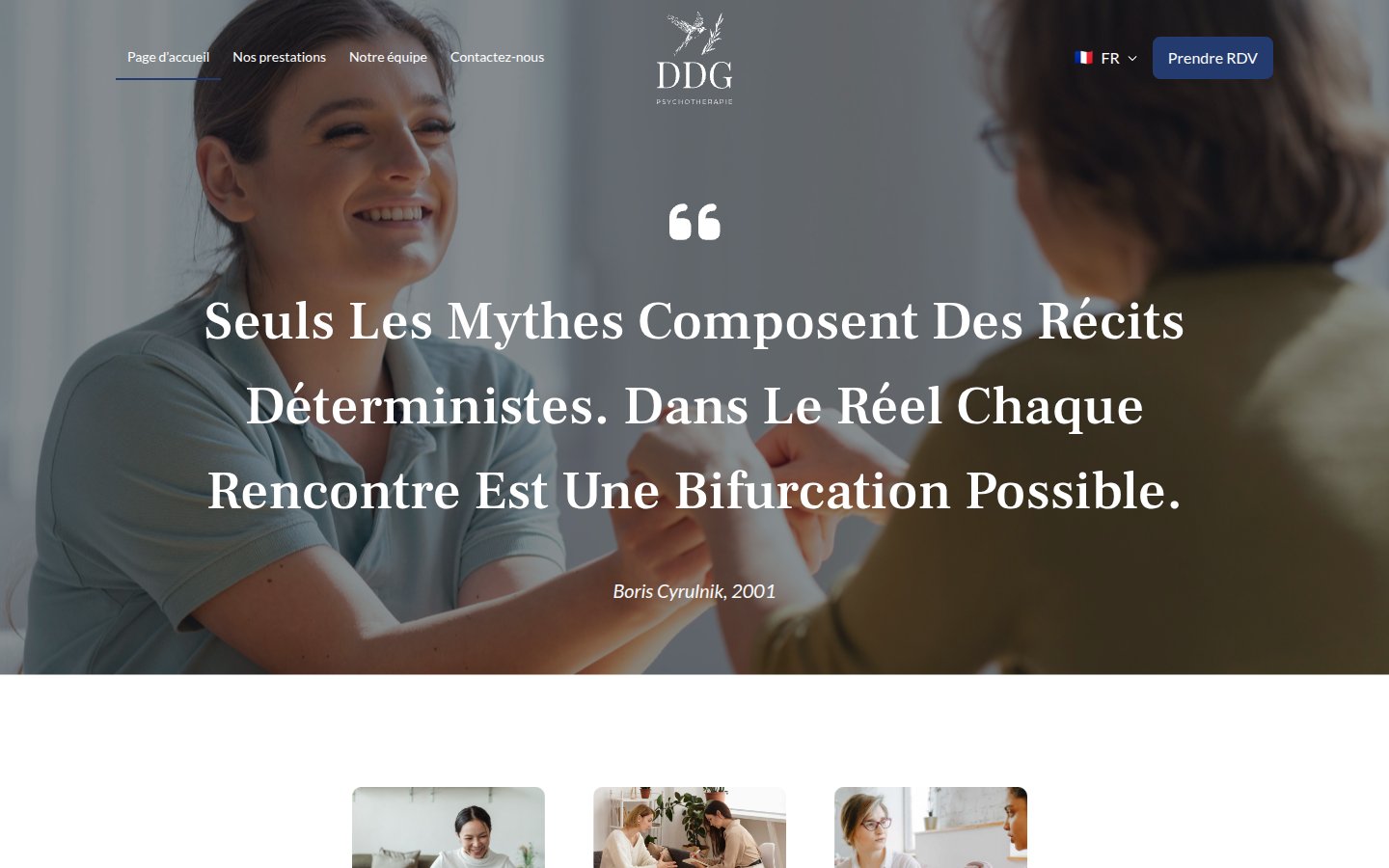 DDG Psychothérapie: homepage with a quote from Boris Cyrulnik over a photo of a therapy session