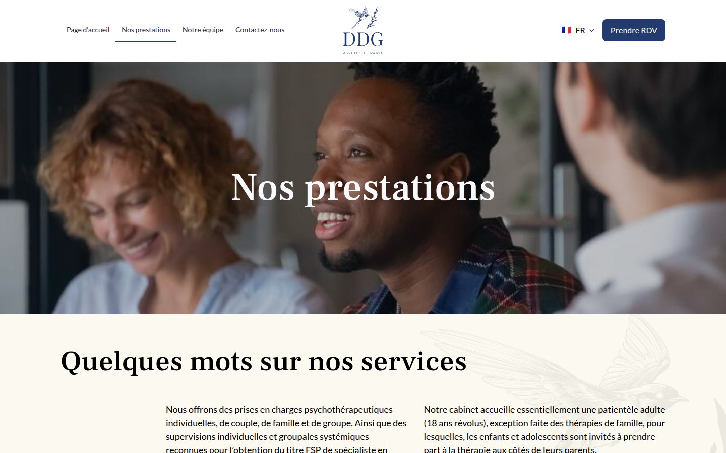 DDG Psychothérapie: services page, individual, couple, family and group therapy
