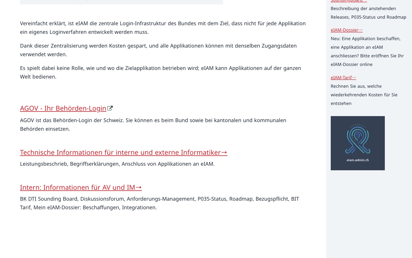 eIAM: information page with the AGOV login, technical documentation and direct links