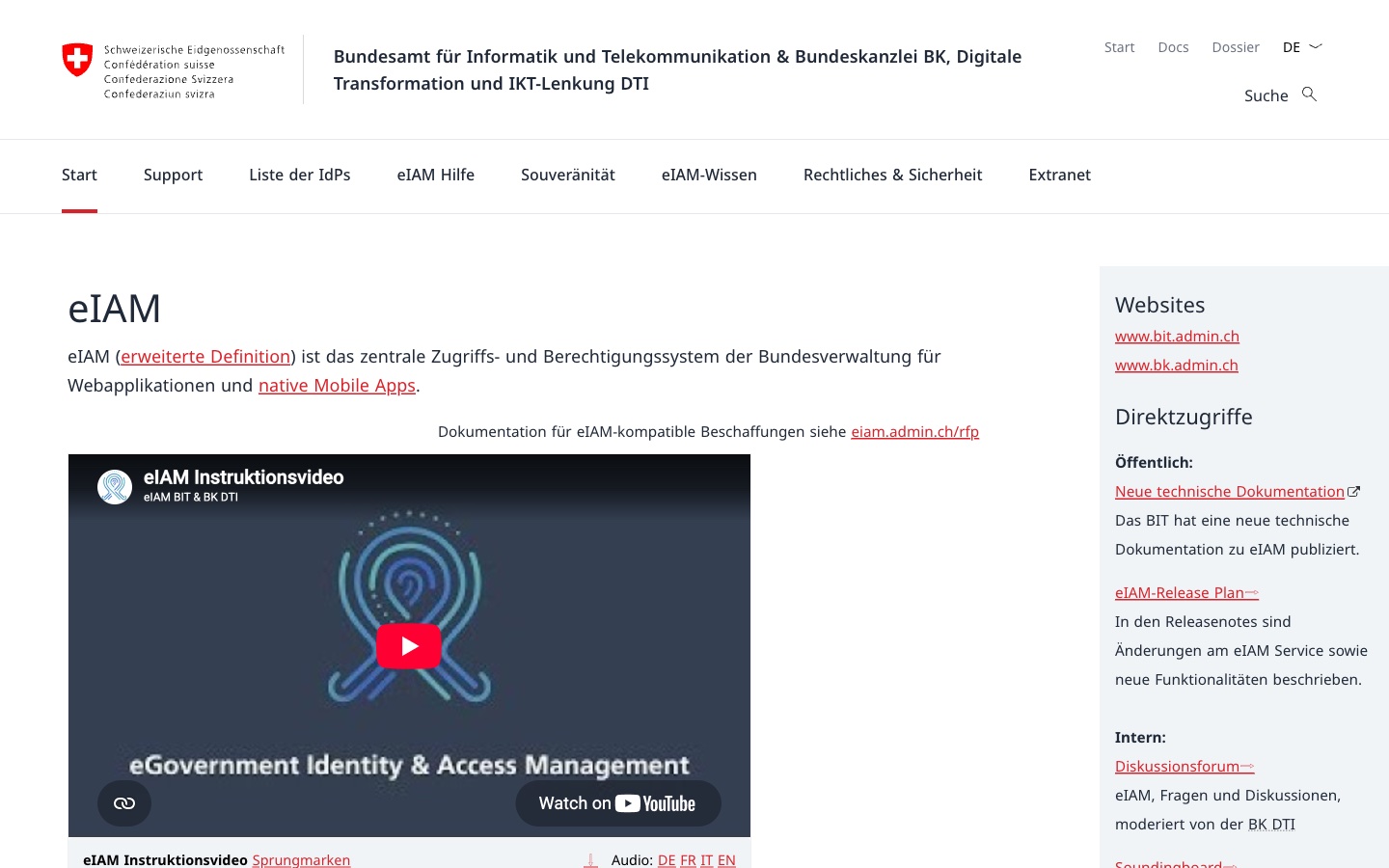 eIAM: homepage of the Swiss federal administration central access and authorization system, built to the federal design system