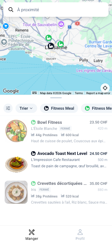 FitFoodies: map of healthy dishes nearby with protein and calorie counts