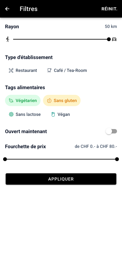 FitFoodies: filters for dietary tags, price range and search radius