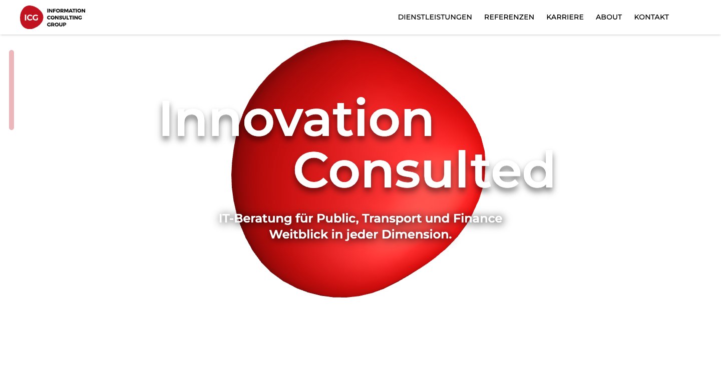 ICG: homepage with the three-dimensional logo rendered in real time, a red organic shape that moves like water