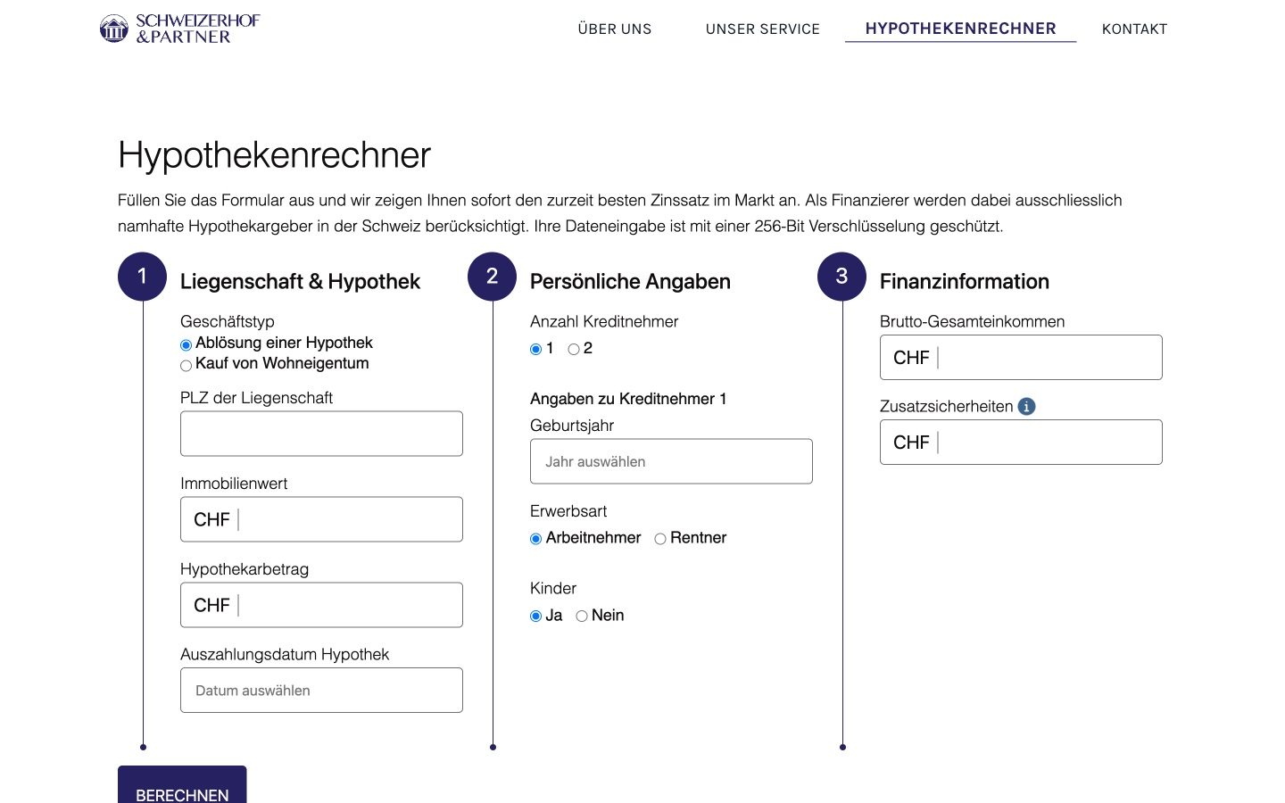 Schweizerhof & Partner: the integrated mortgage calculator in three steps, property, personal details and financial information