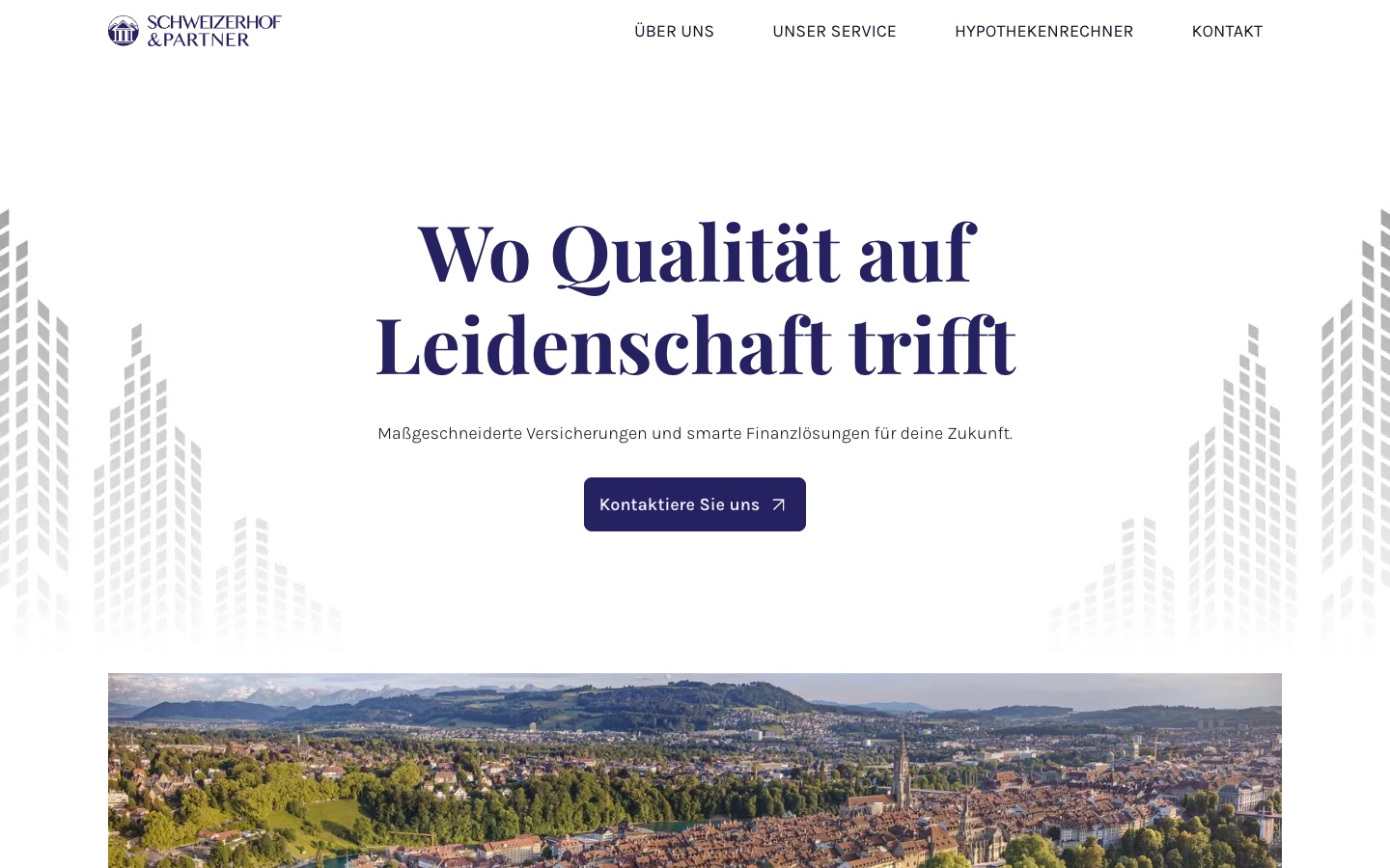 Schweizerhof & Partner: homepage with calm typography and a Bern panorama