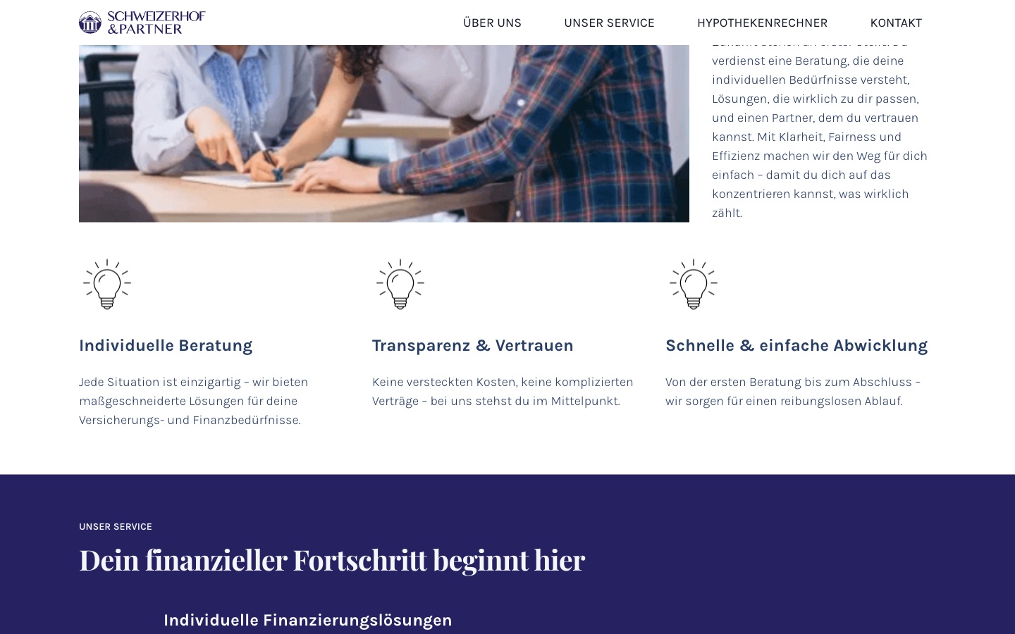 Schweizerhof & Partner: advisory fields and trust signals, individual advice, transparency and fast processing